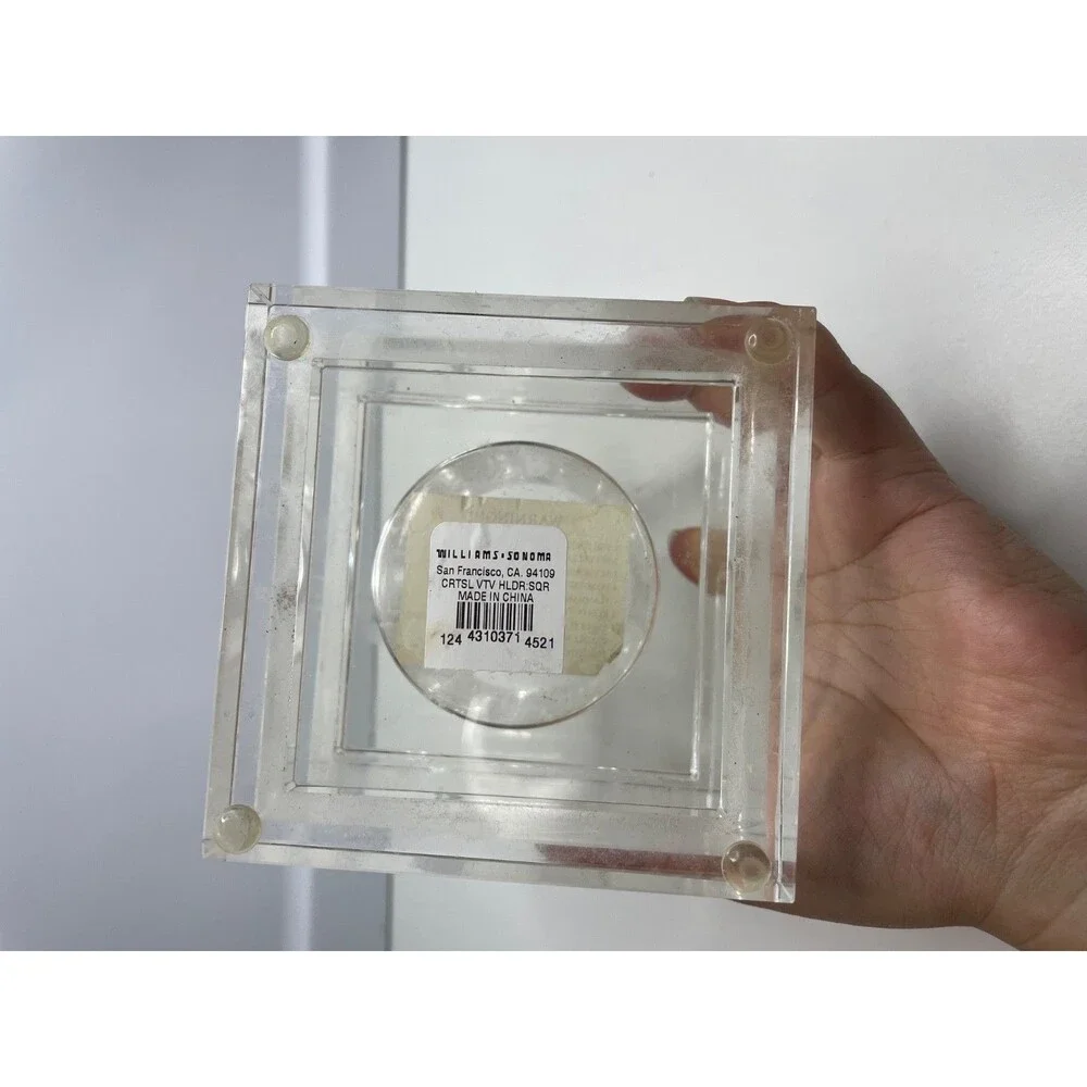 heavy mcm style WILLIAMS-SONOMA CLEAR CRYSTAL BLOCK square CANDLE HOLDER